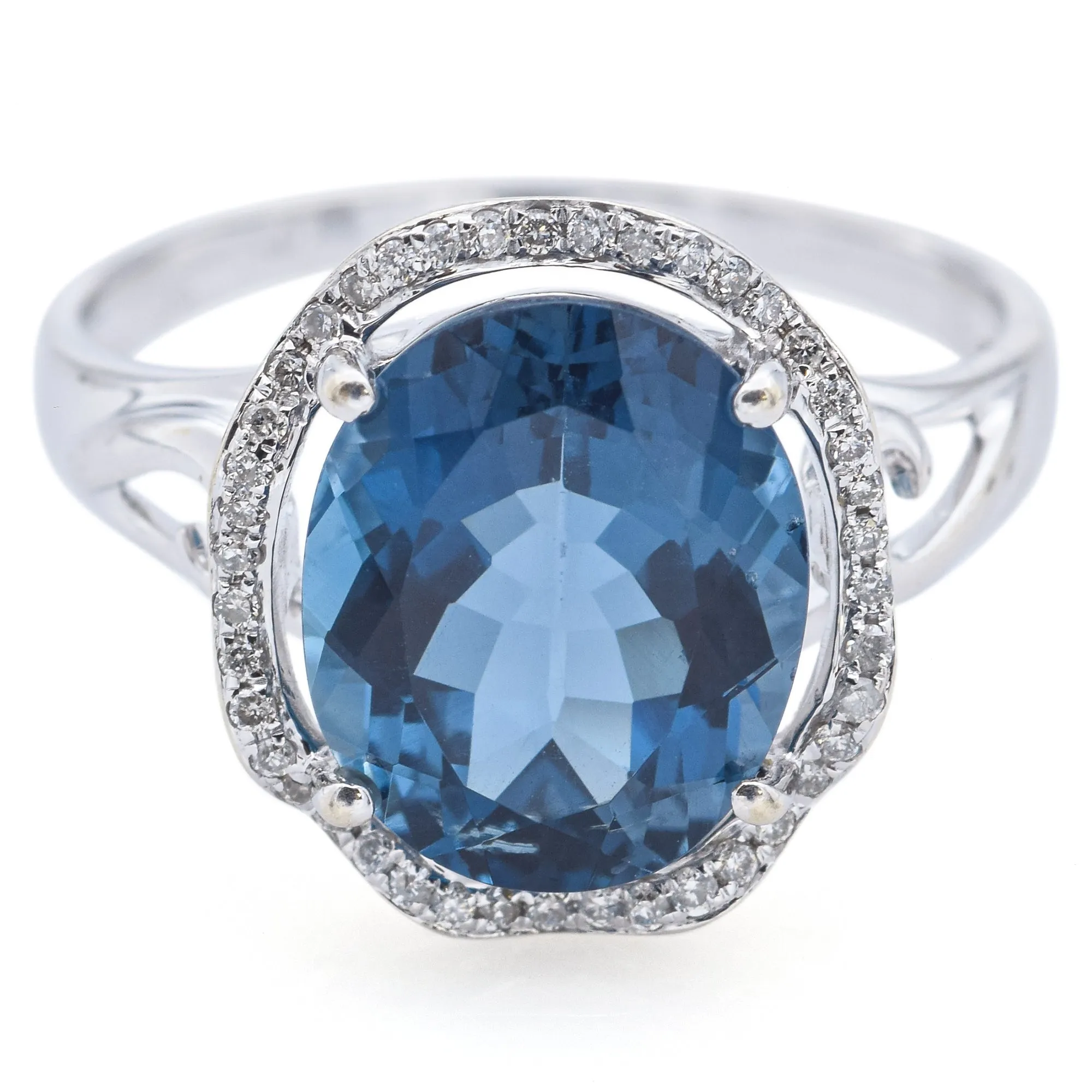 Estate 18K White Gold 4.15 Ct London Blue Topaz & Diamond Band Ring Size 7