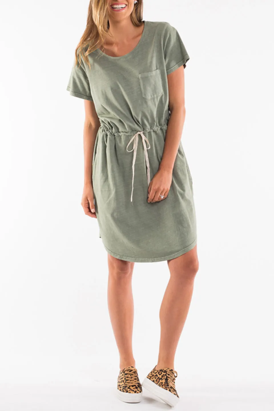 Harper Tie Waist SS Washed Khaki Dress