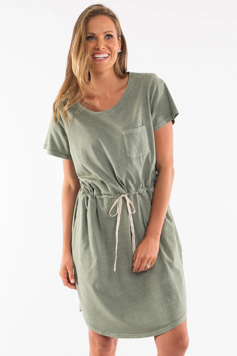 Harper Tie Waist SS Washed Khaki Dress