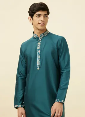 Manyawar Crystal Teal Blue Embroidered Neckline Kurta Set