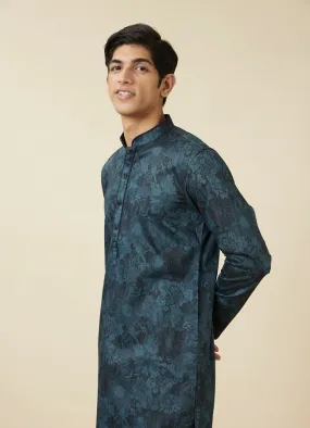 Manyawar Crystal Teal Blue Floral Printed Casual Kurta