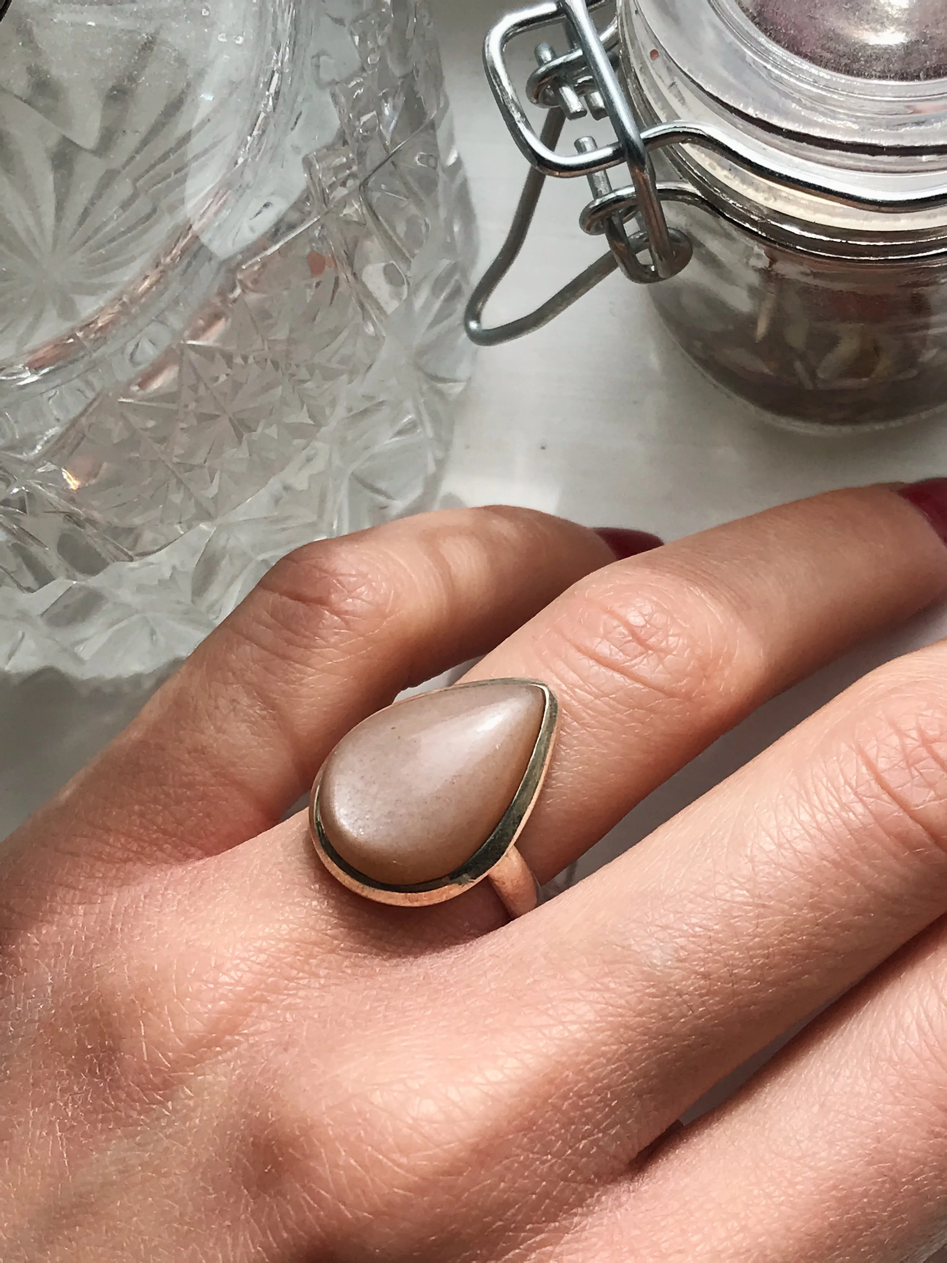 Peach Moonstone Ariel Ring - Med. Teardrop (US 6 & 7)