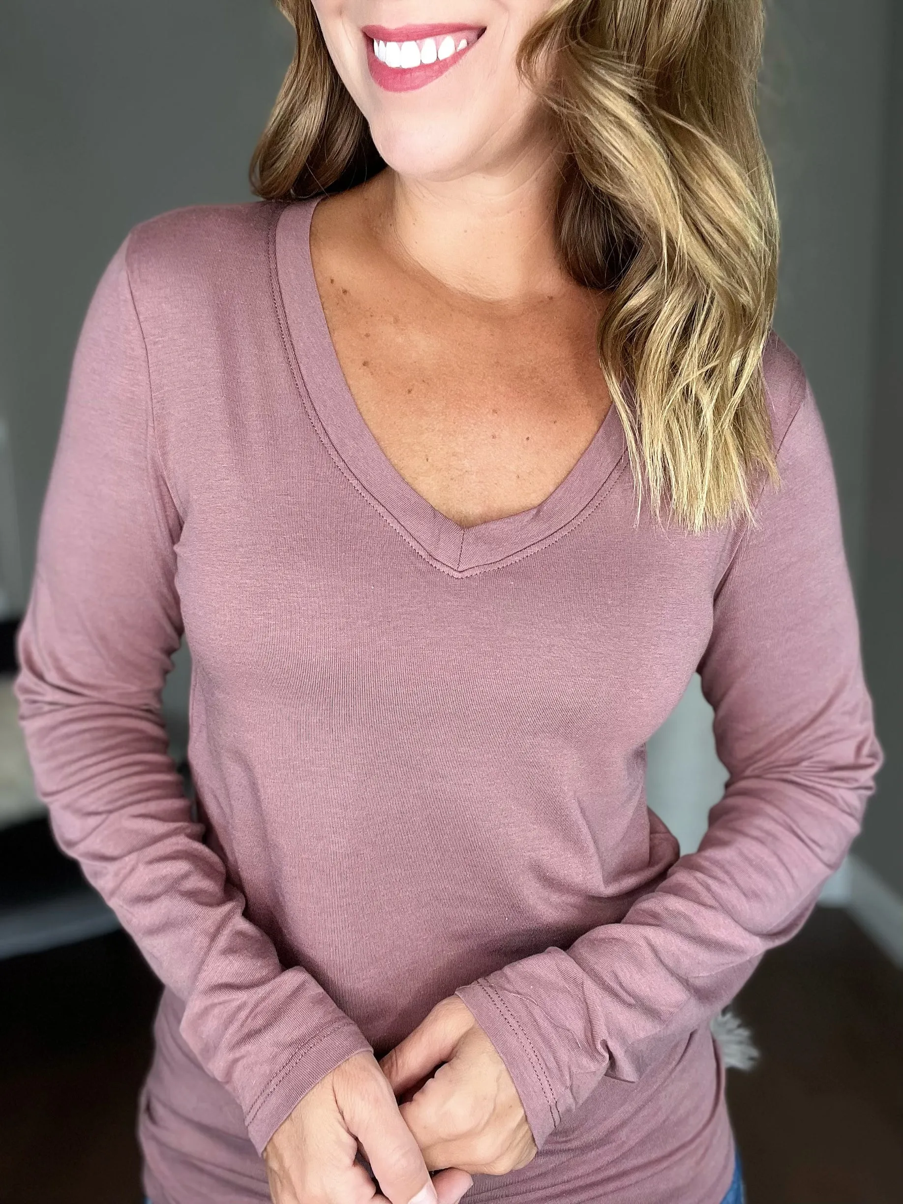 Red Bean V-Neck Long Sleeve Fitted Top