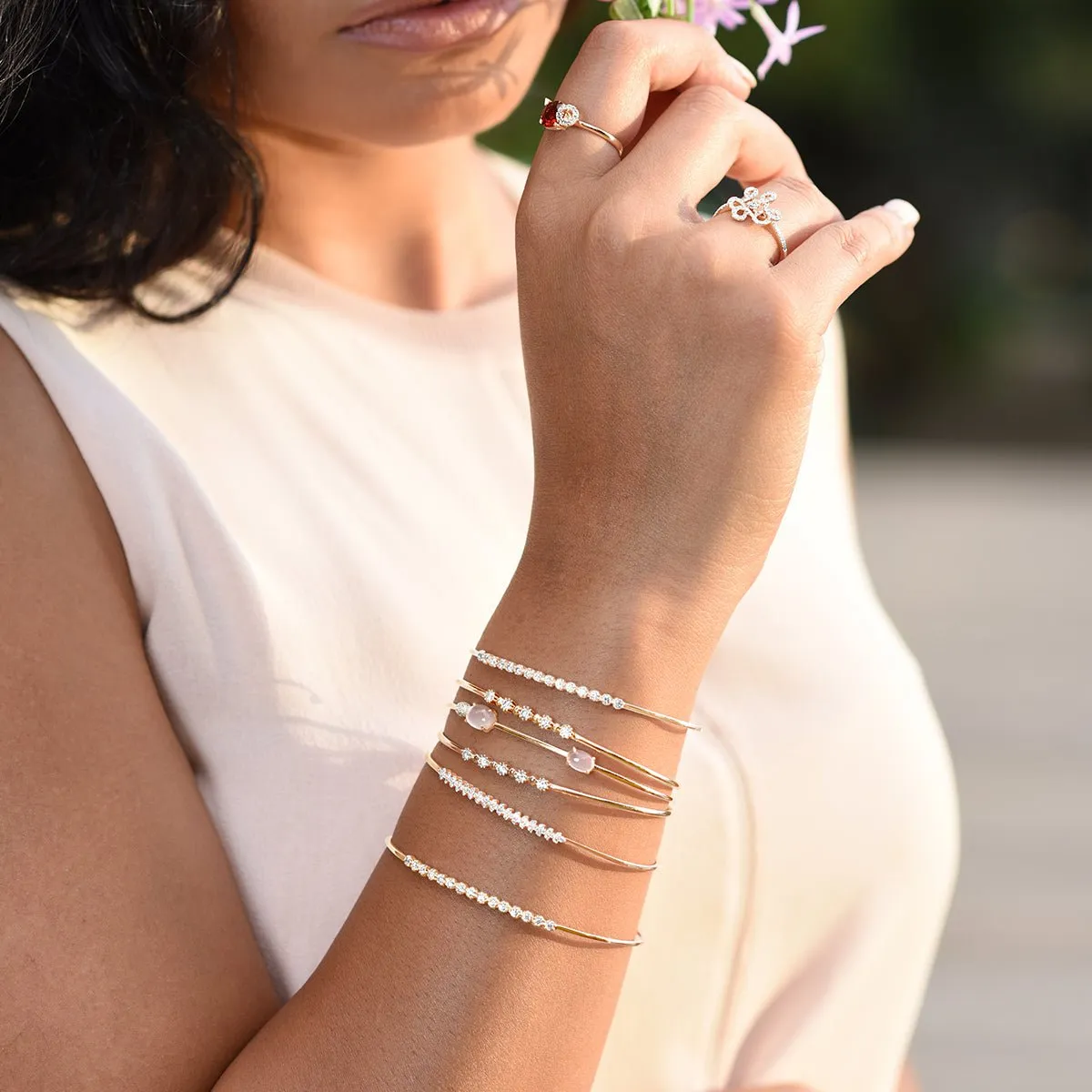 Rose Quartz Cuff Bangle with Diamonds