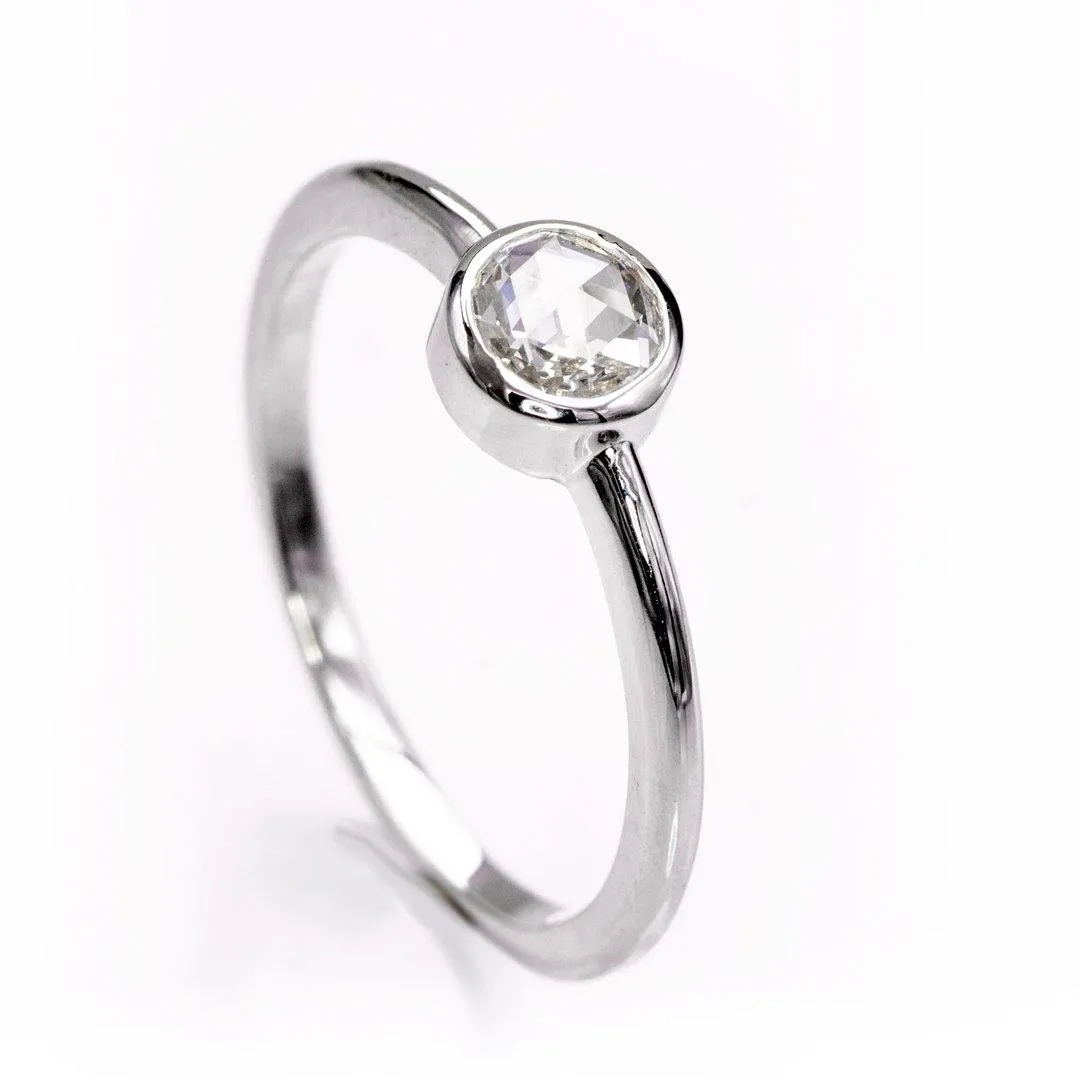 Round Rose Cut Moissanite or Diamond Low Profile Bezel Minimal Solitaire Engagement Ring