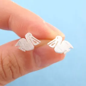 Small Pelican Silhouette with Fish Cut Out Shaped Stud Earrings in Silver | Allergy Free