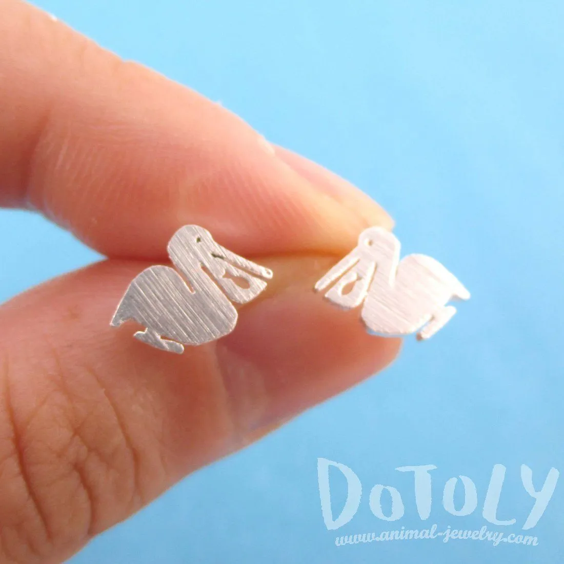 Small Pelican Silhouette with Fish Cut Out Shaped Stud Earrings in Silver | Allergy Free