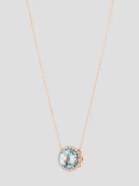 Stone Halo Necklace in Pink Gold/Diamond/Aquamarine