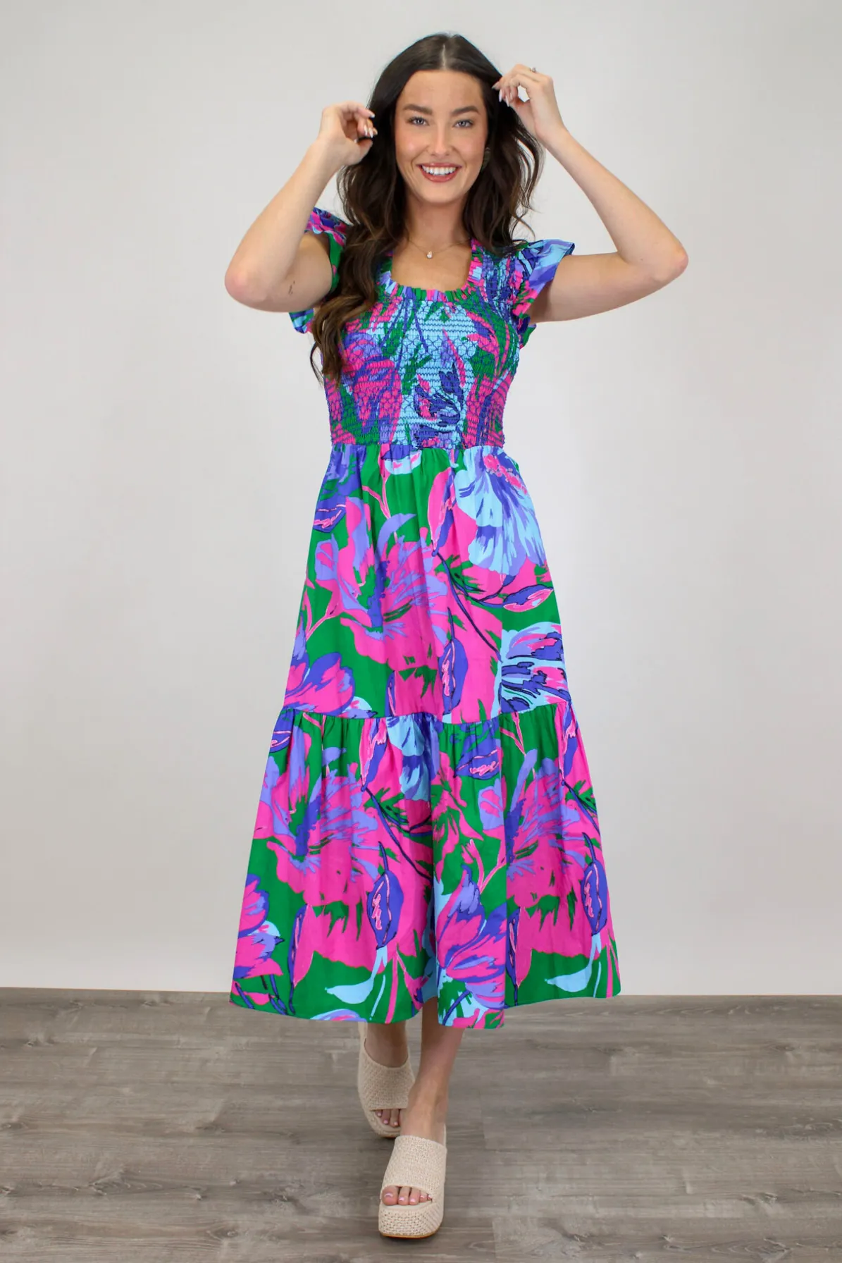 Tropicana Flutter Sleeve Midi Dress