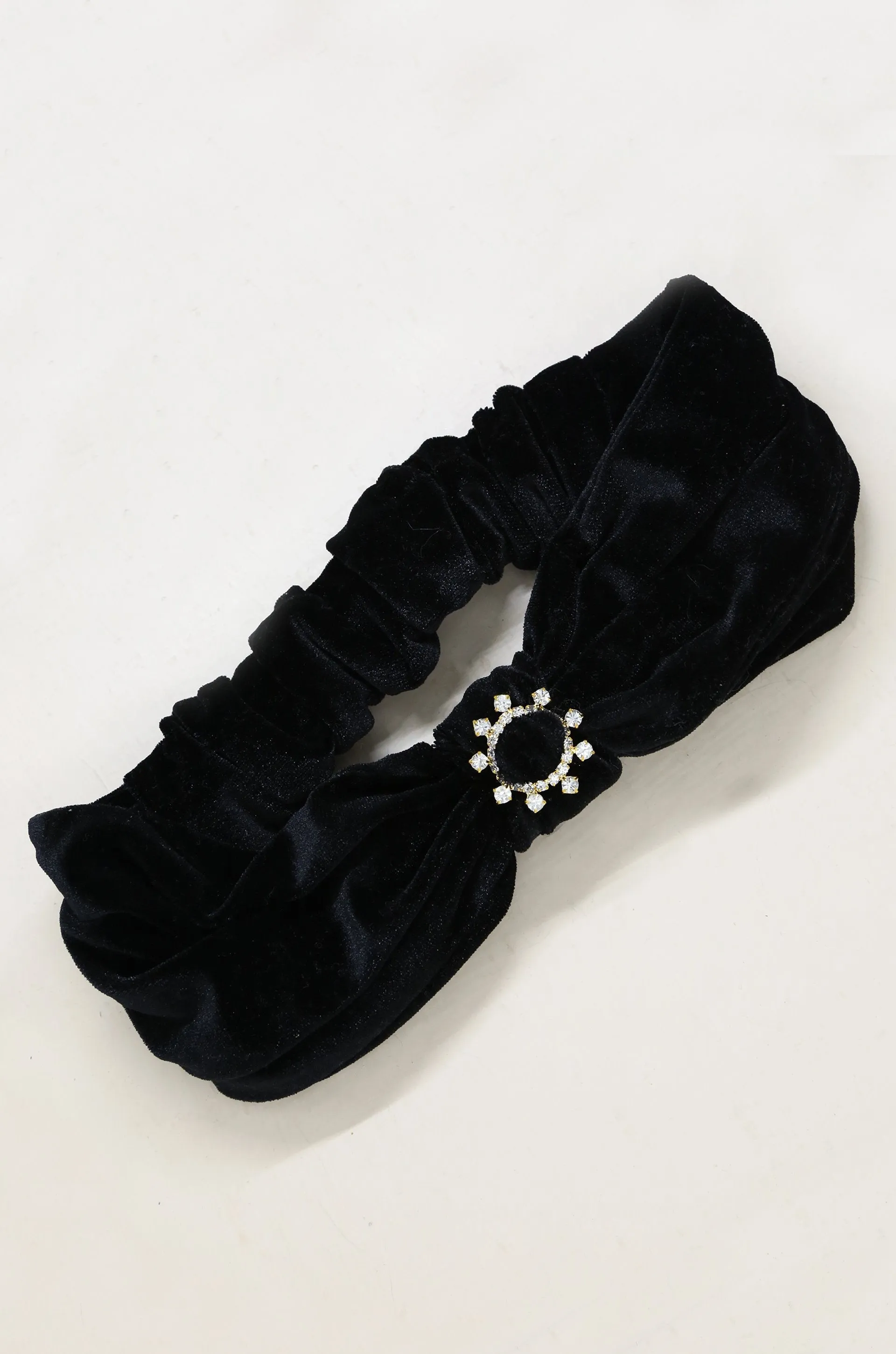 Velvet Headband with Crystal Ring in Black