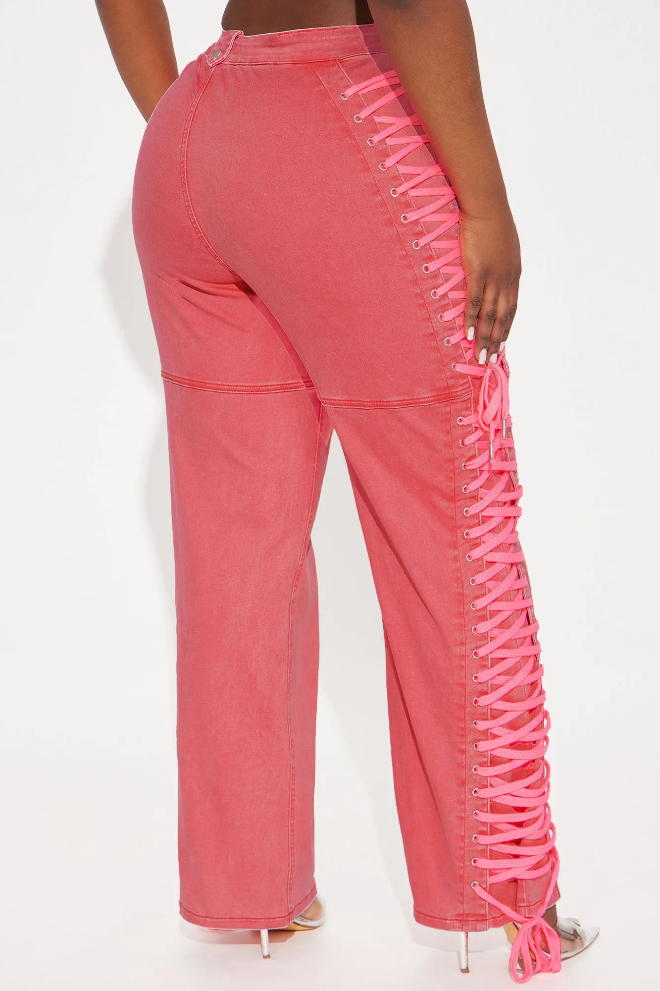 Veronika Lace Up Stretch Straight Leg Jeans - Neon Pink