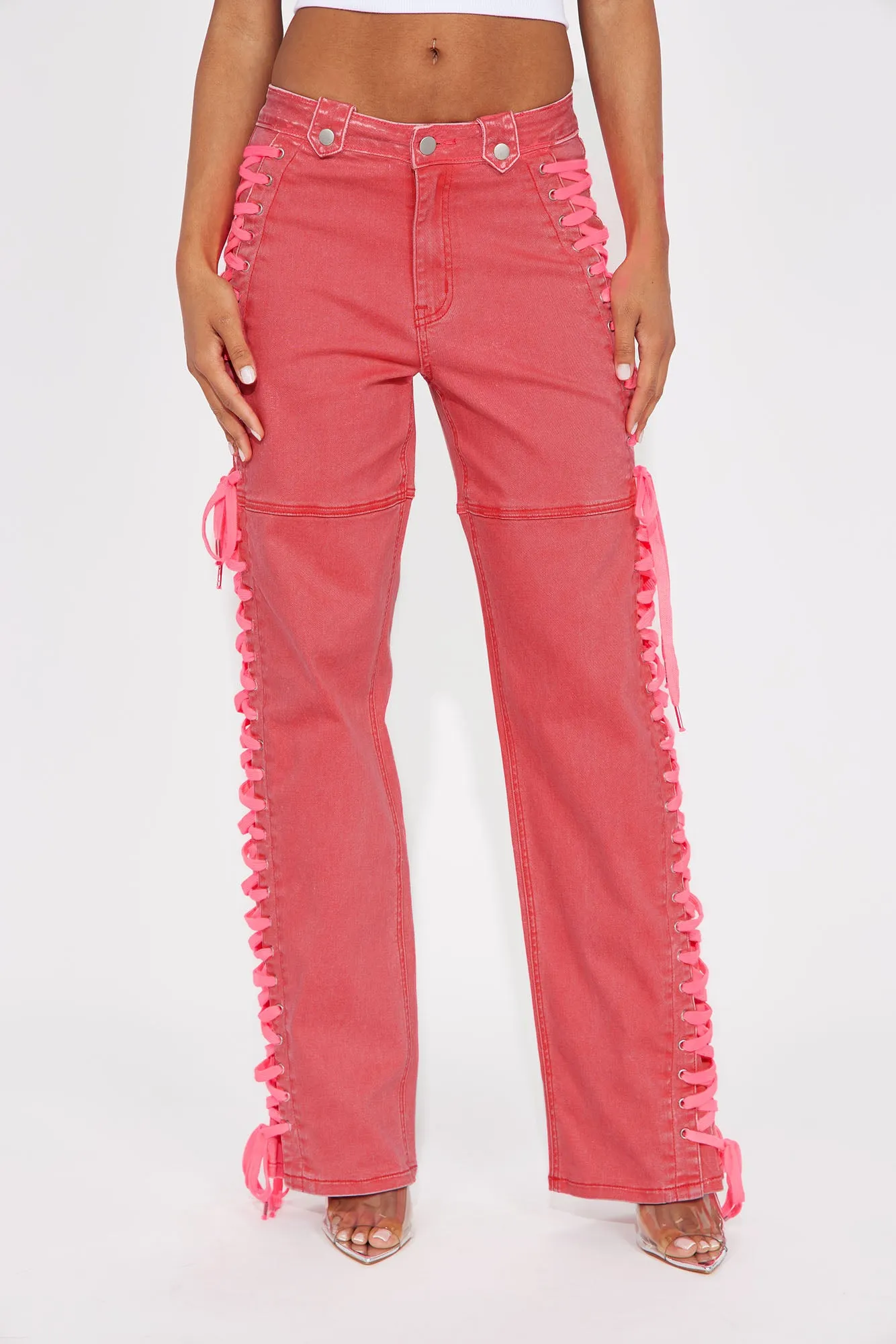 Veronika Lace Up Stretch Straight Leg Jeans - Neon Pink