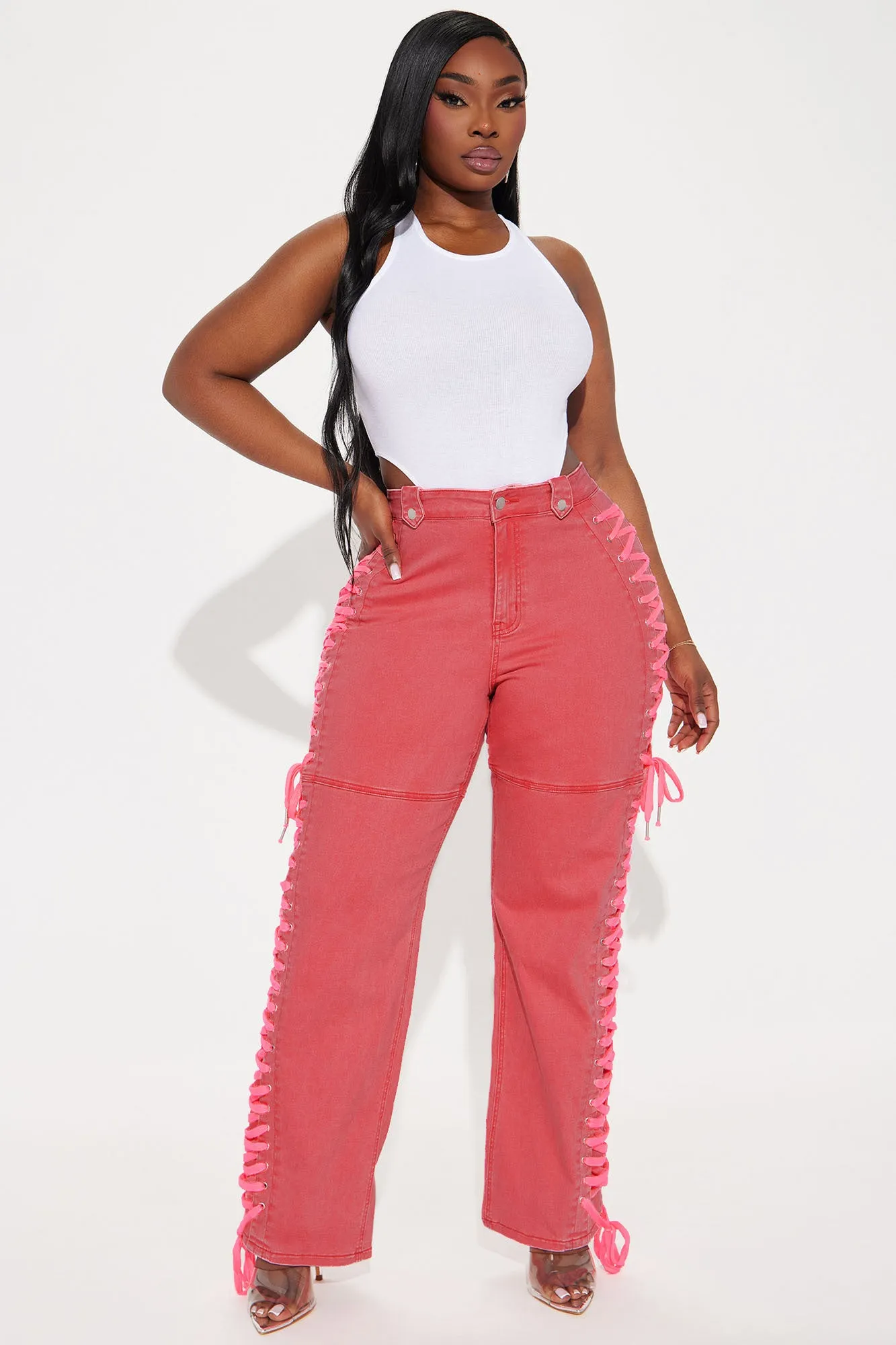 Veronika Lace Up Stretch Straight Leg Jeans - Neon Pink