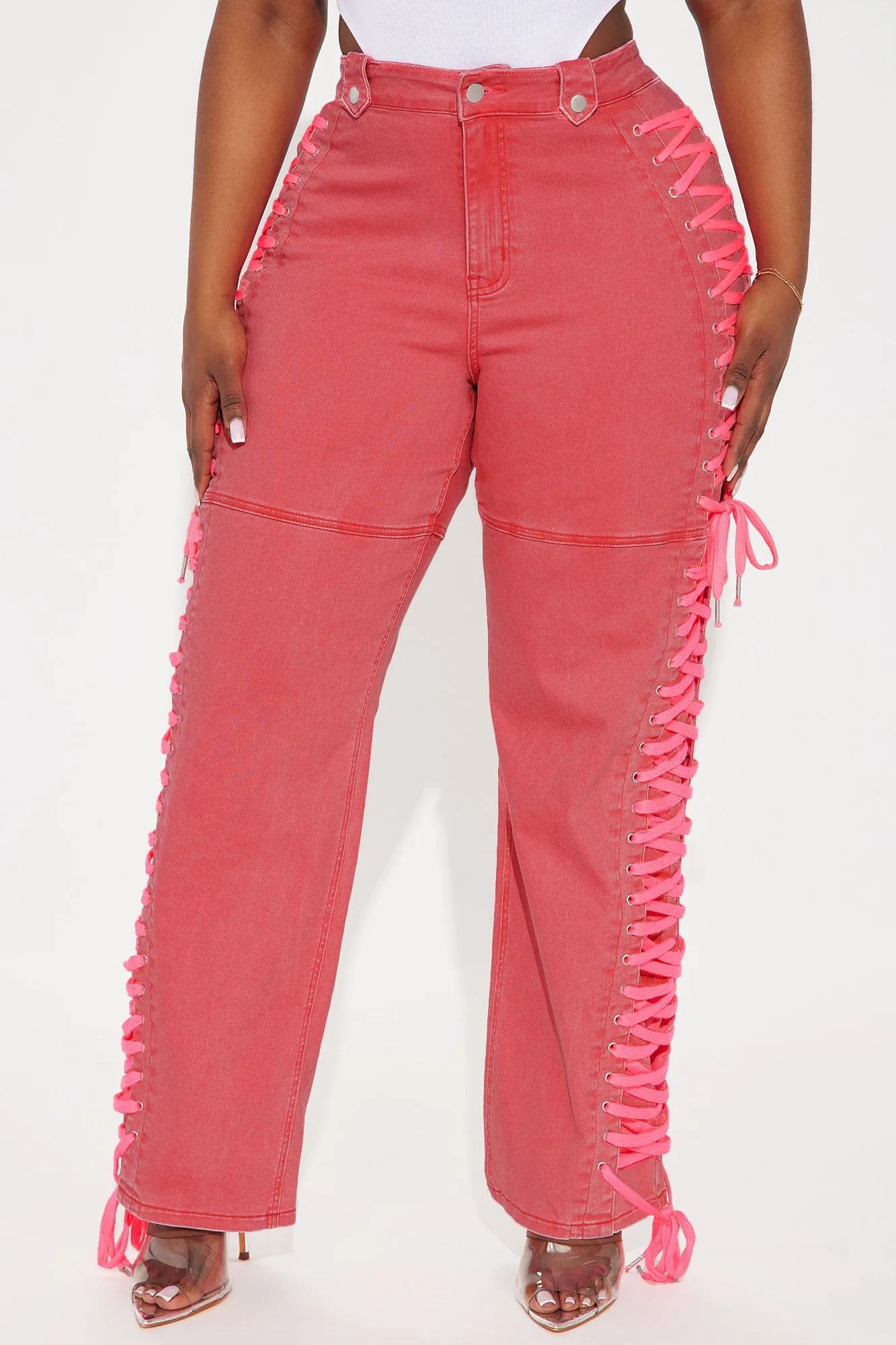 Veronika Lace Up Stretch Straight Leg Jeans - Neon Pink