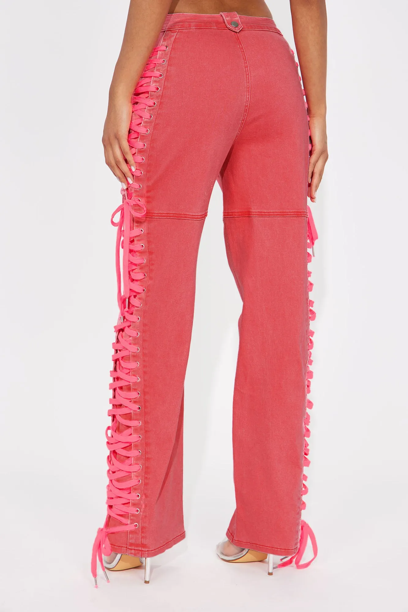 Veronika Lace Up Stretch Straight Leg Jeans - Neon Pink