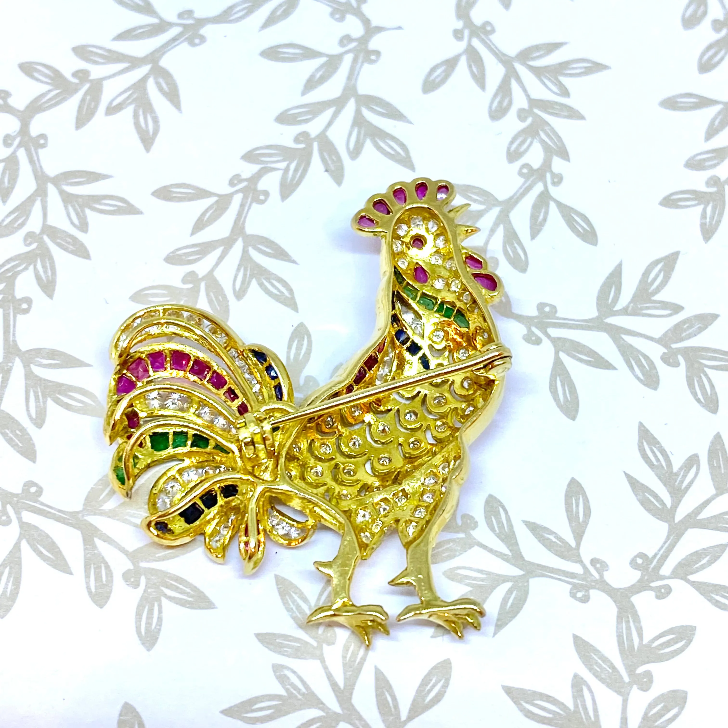 Vintage 18K Gold Multi Gemstone Rooster Brooch