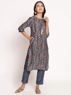 Women Blue 3/4 Sleeve Kurta With Trouser