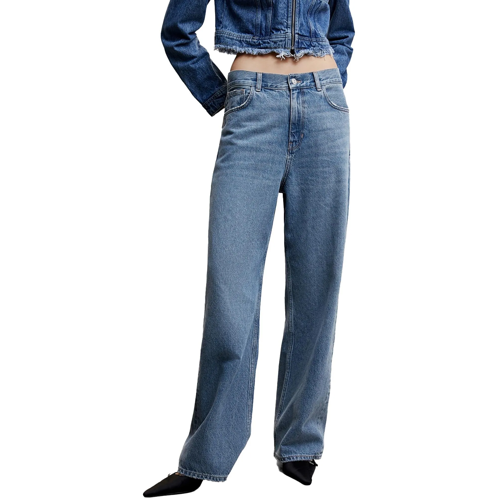 Womens High Rise Medium Wash Wide Leg Jeans