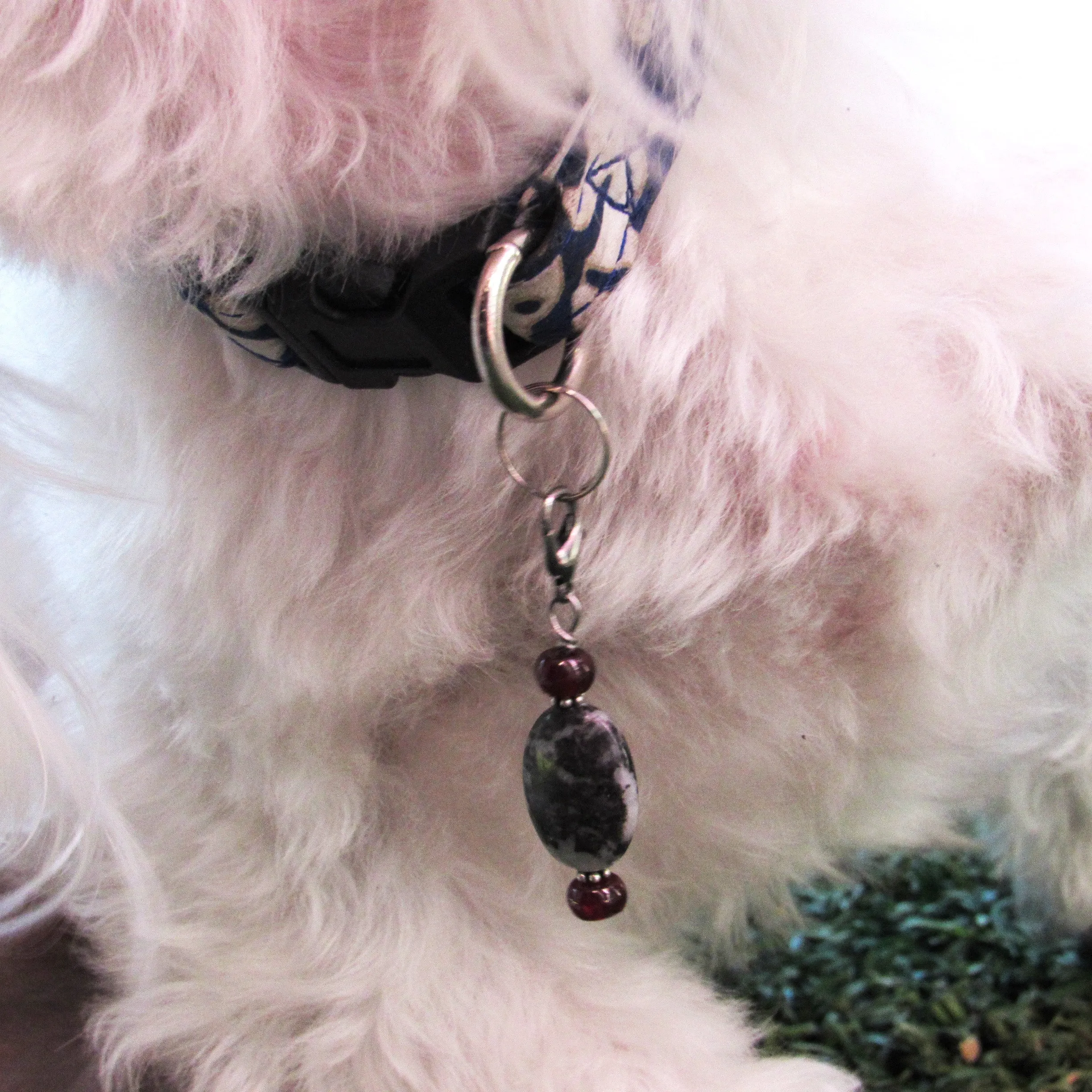 Zebra Jasper and garnet gemstone pet collar charm